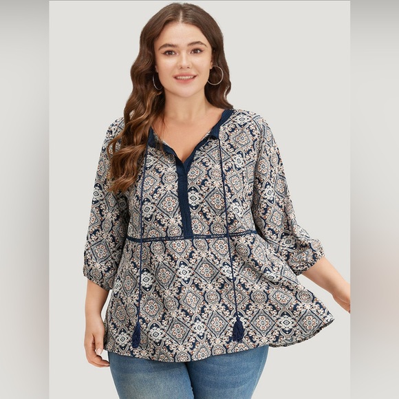 BloomChic Cream and Blue Relaxed Blouse - Picture 1 of 7